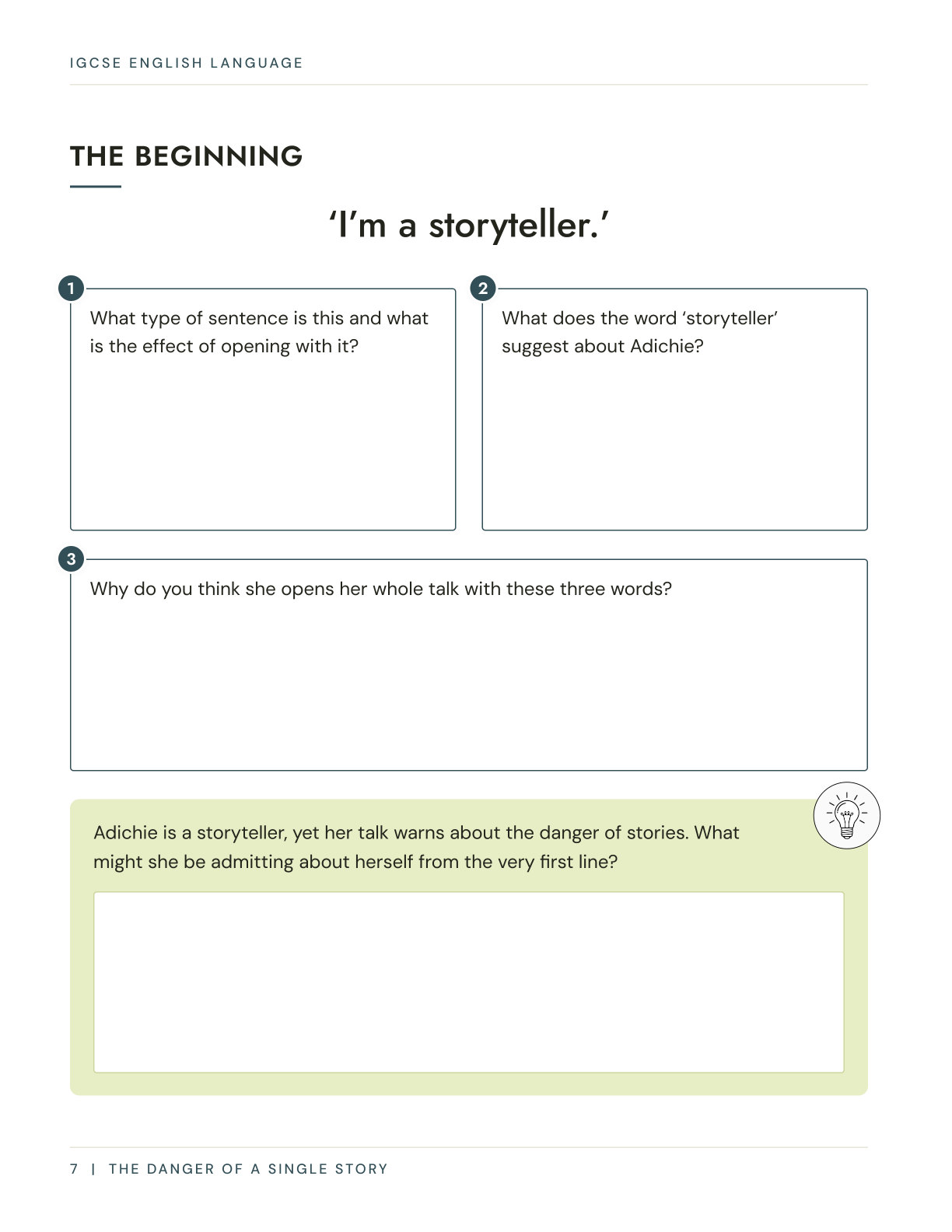 Guided annotation page analysing key quotations from the anthology extract