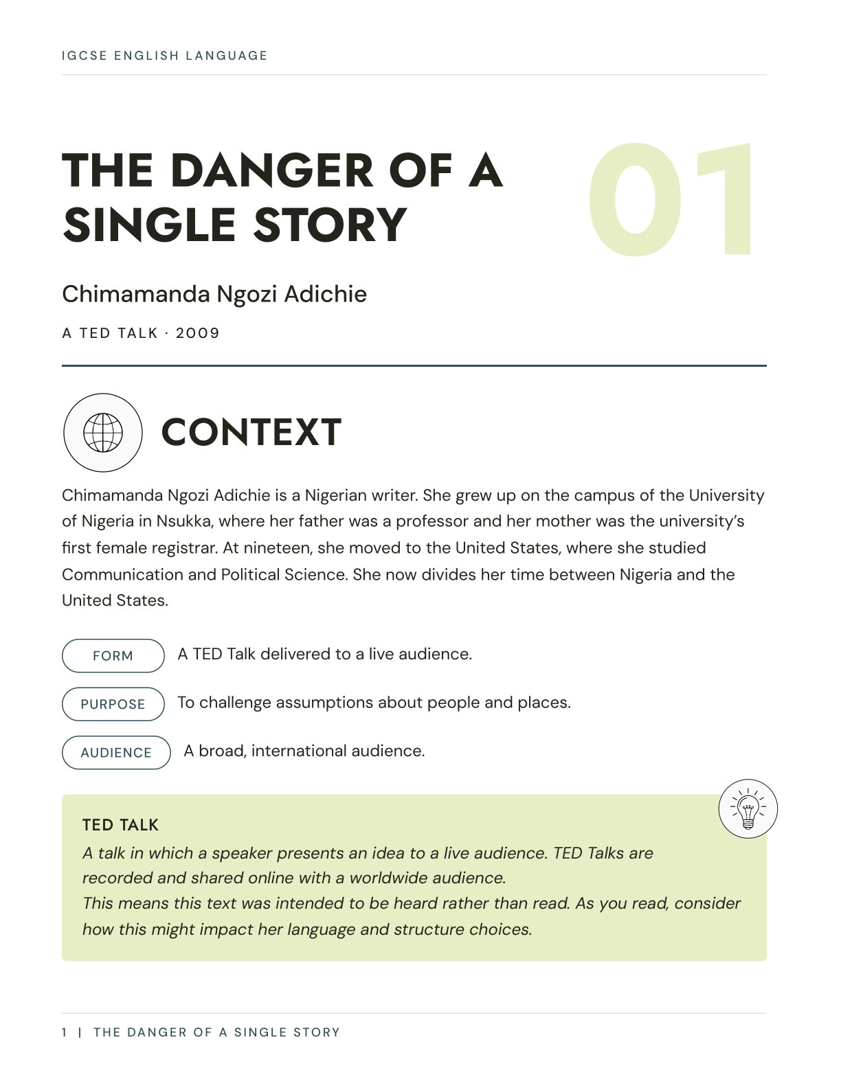 Context page from an Edition iGCSE English Language anthology workbook, giving background to the extract