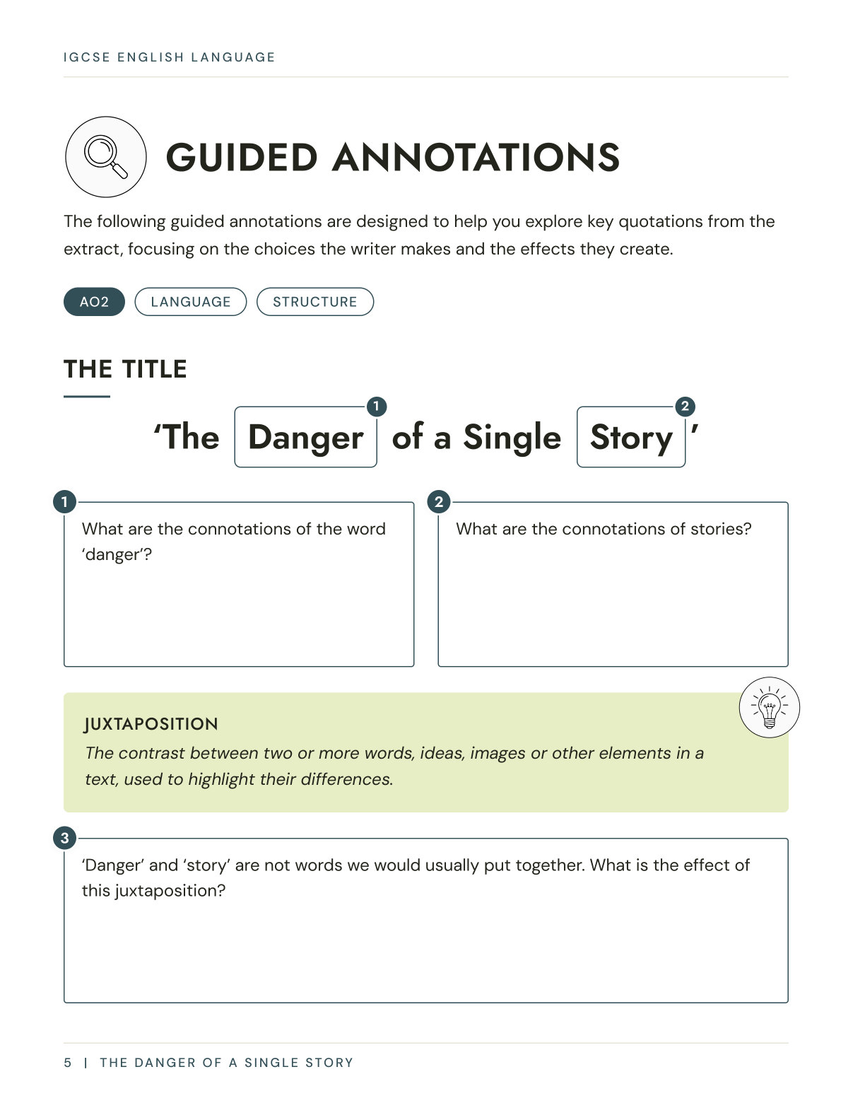 Title analysis page from the iGCSE English Language anthology workbook