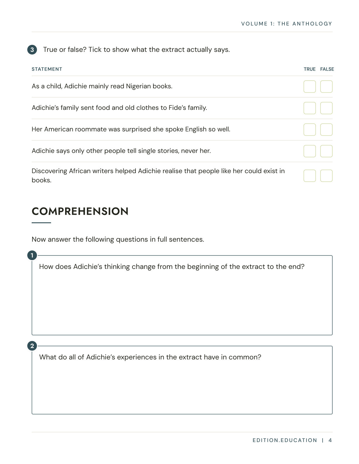 True-or-false comprehension activity from the iGCSE anthology revision workbook