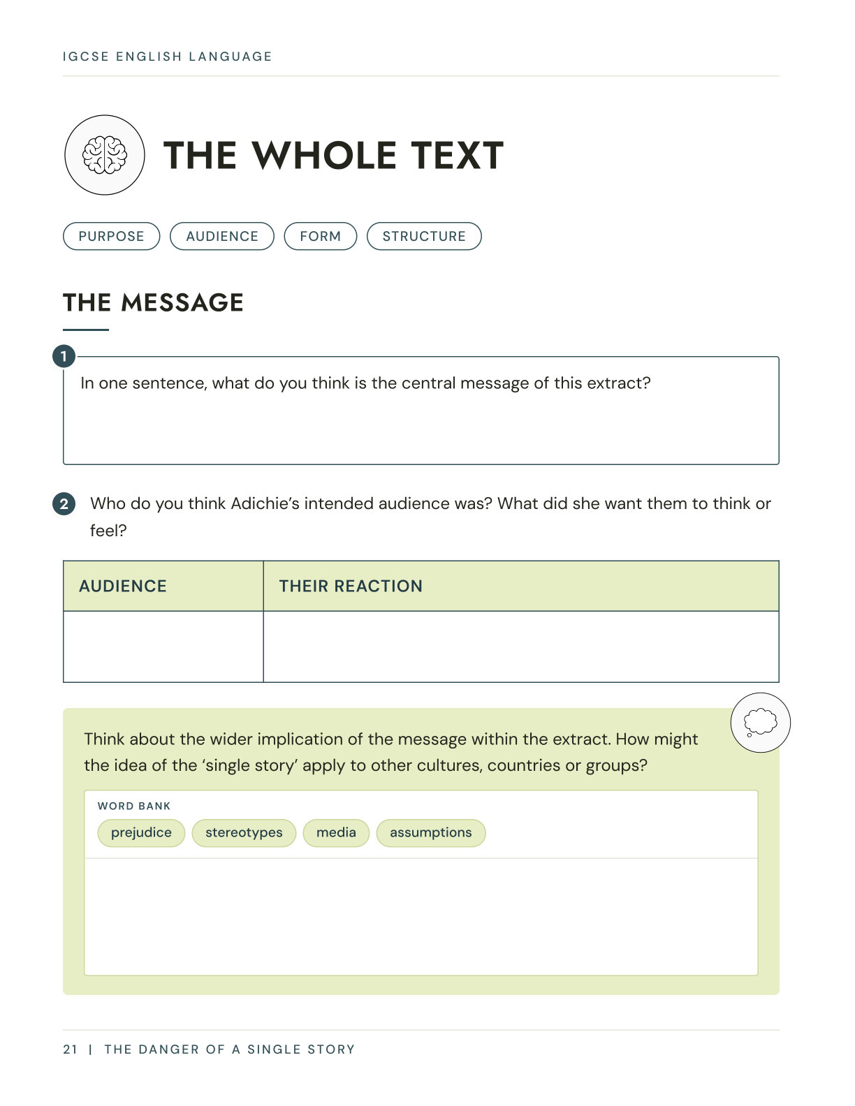 Whole-text structure page from the Edexcel iGCSE English Language anthology workbook